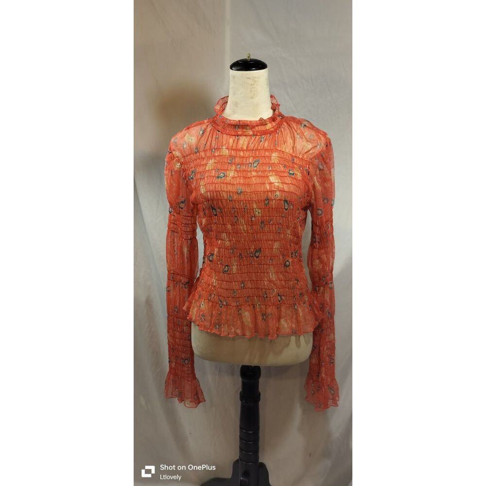 Free People NWT (L)Semi-sheer, mock neck, long sleeve, floral print, stretch fit